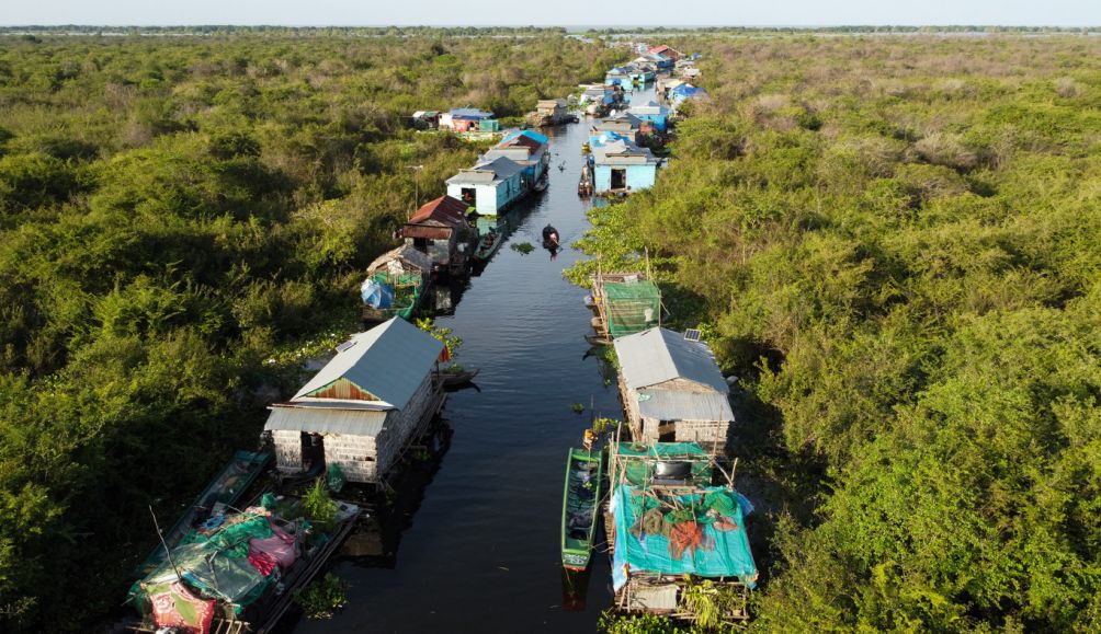 An aerial view of Kampong Kneas village, Pursat province, Cambodia.