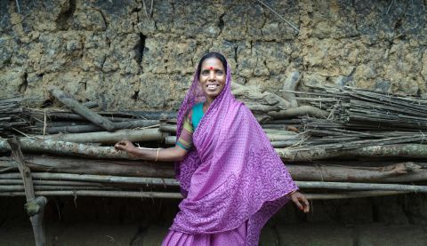 Woman in purple sari standing at logs