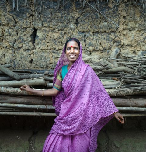 Woman in purple sari standing at logs