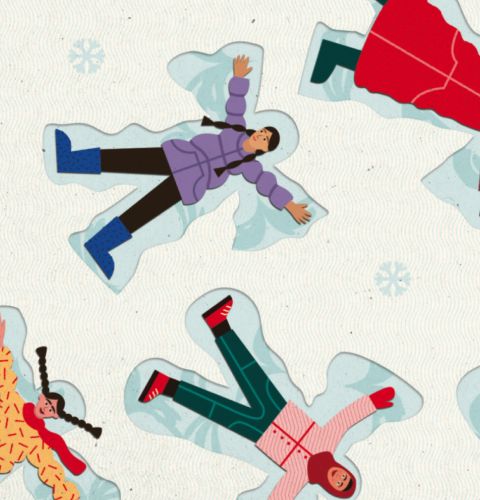 Illustration of women making snow angels in snow, one of our 2026 Christmas card designs
