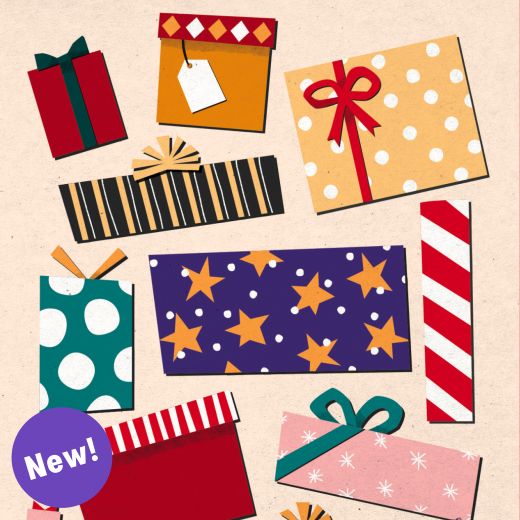 Illustration of gifts, Presents festive card illustrated by Meroo Seth