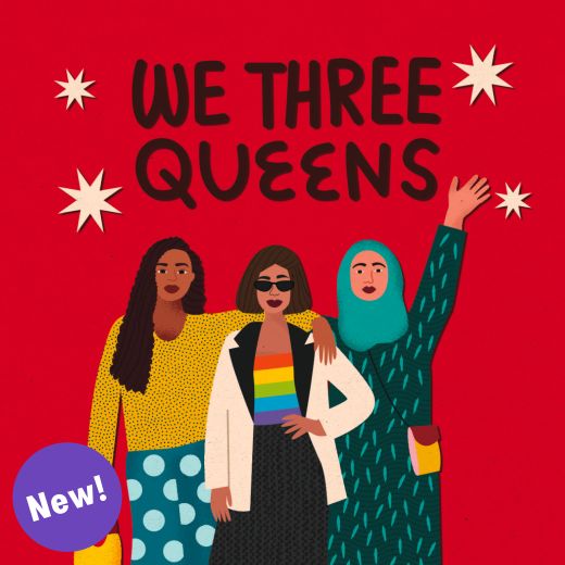 We Three Queens festive card illustrated by Meroo Seth