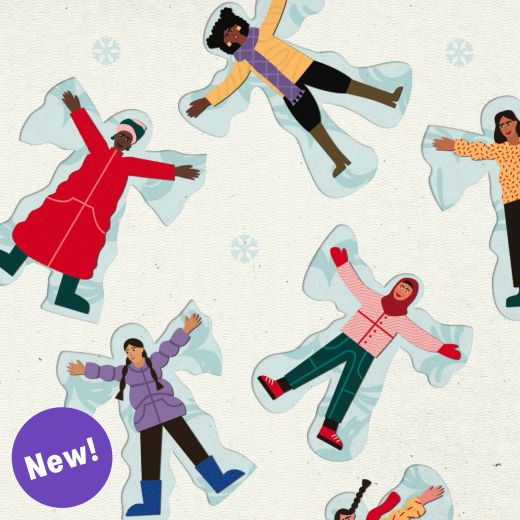 Snowangels festive card showing women making snow angels, illustrated by Meroo Seth