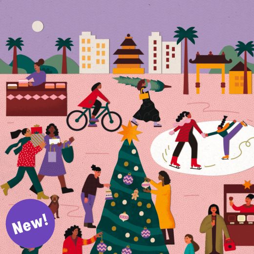 Festive town charity Christmas card by Meroo Seth showing women shopping, iceskating and decorating Christmas trees