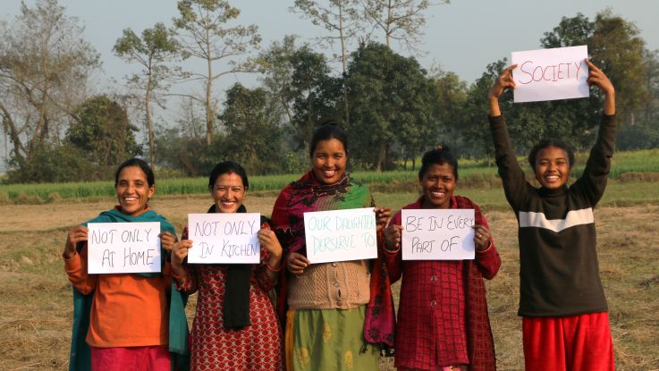Bandhana, 15, along with the community women advocating for women’s rights in Nepal.