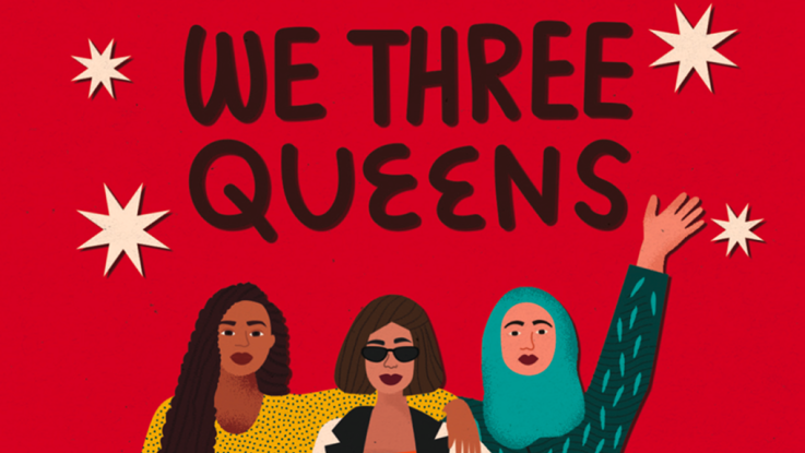 Illustration of three women waving, We Three Queens festive card illustrated by Meroo Seth