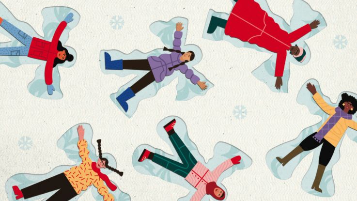 Illustration of women making snow angels in snow, one of our 2026 Christmas card designs